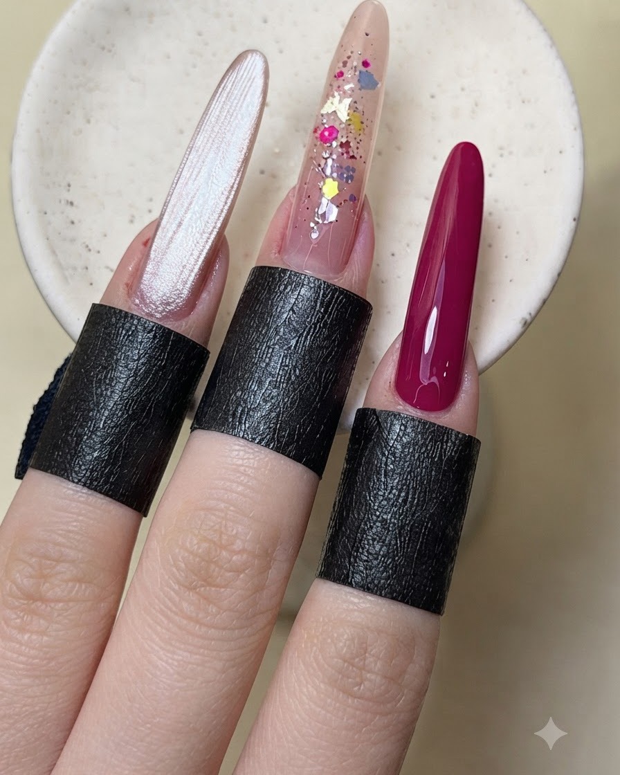 Mano con manicura mostrando diseños de uñas terminados que incluyen ojo de gato y escarcha encapsulada.