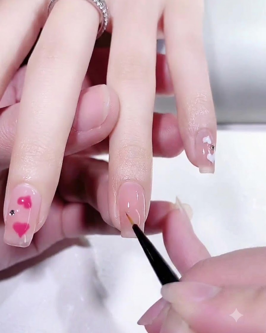 Primer plano de un pincel liner fino tomando pintura de gel blanca sobre una paleta de mezcla.
