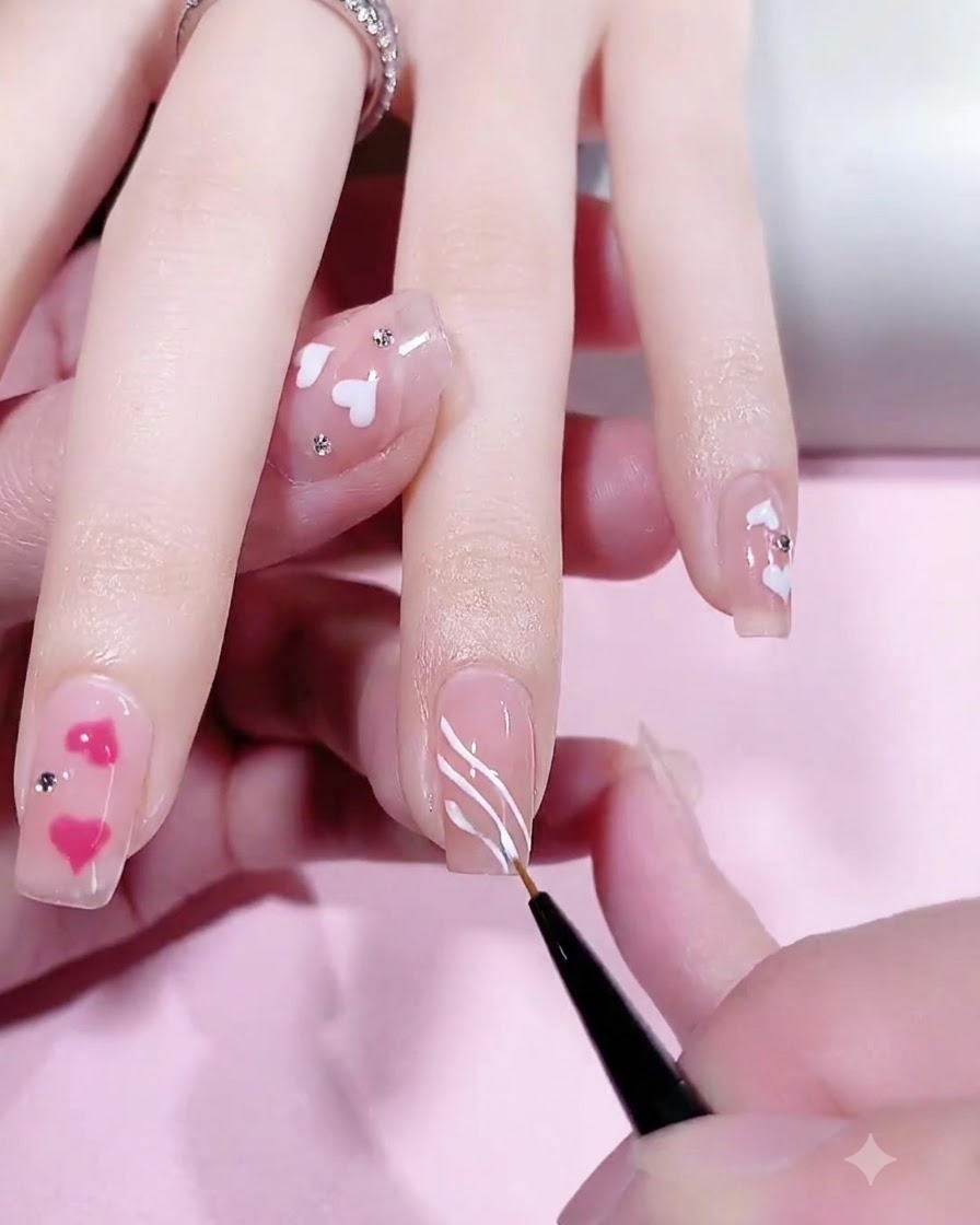 Una artista de uñas pintando delicadas líneas curvas onduladas en colores pastel sobre una uña de tono natural.