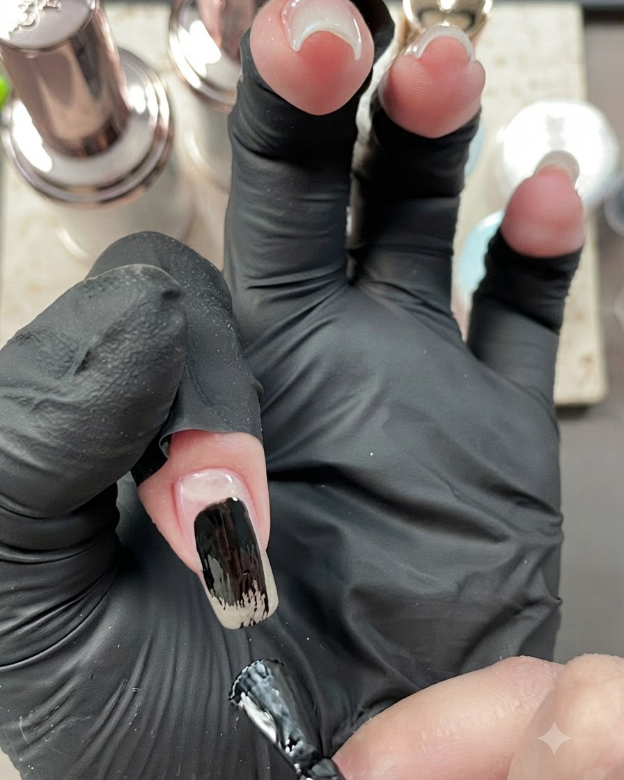 Un pincel para uñas esparciendo esmalte de gel negro en el centro de la uña del dedo índice.
