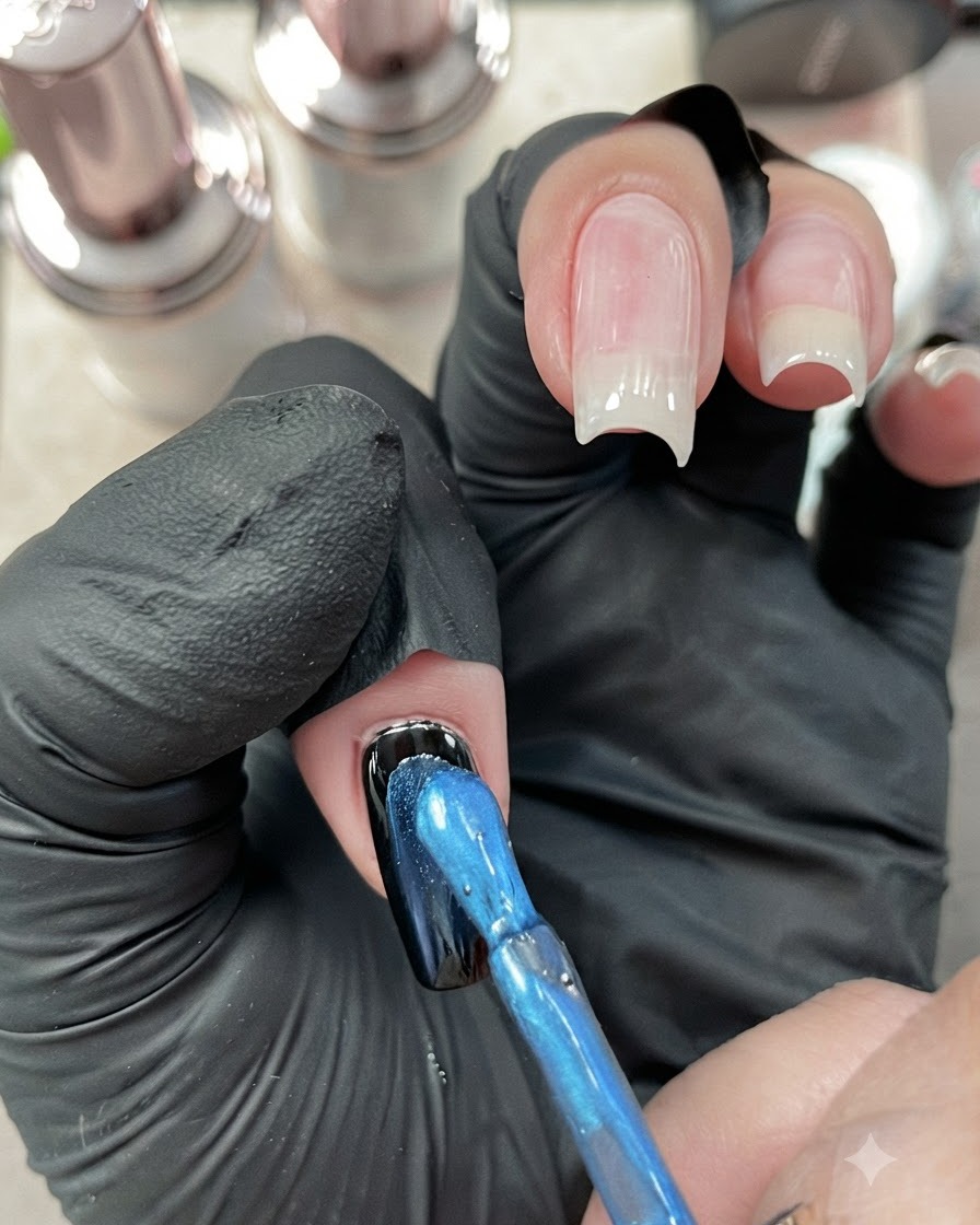 Un pincel aplicando esmalte de gel ojo de gato metálico azul vivo sobre una uña recubierta de gel negro.