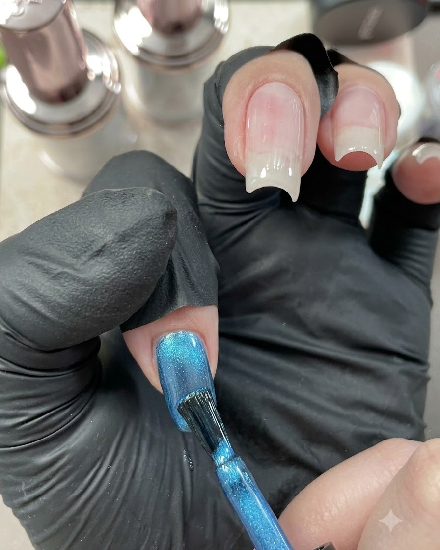 Una uña con manicura ojo de gato azul descansando bajo una mini luz de curado portátil.