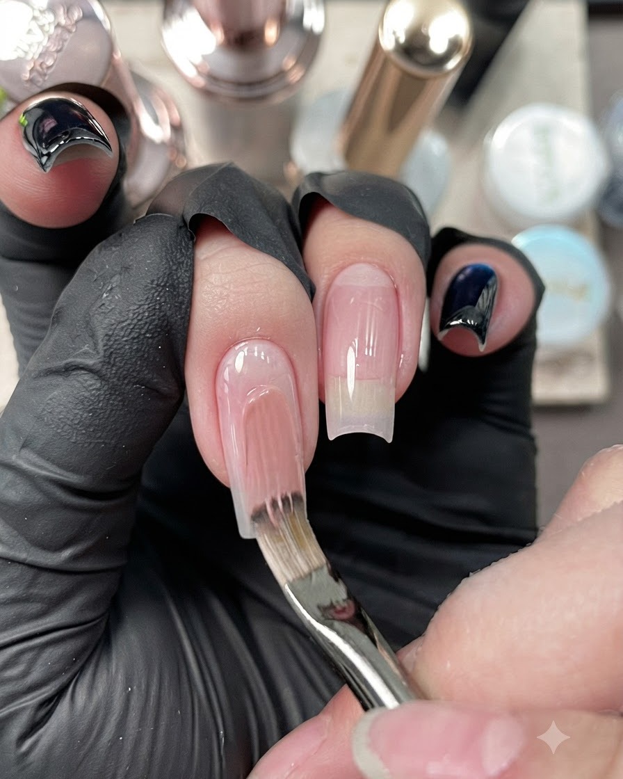 Un pincel de uñas aplicando una capa suave de esmalte en gel nude sobre la placa de la uña del dedo medio.