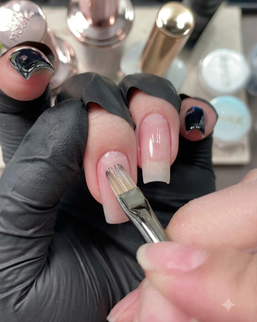 Un pincel de uñas aplicando capa base nude en la uña del dedo anular.