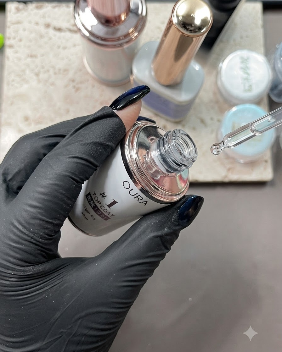 Una botella de top coat con un gotero dispensando producto junto a una mano con guante.