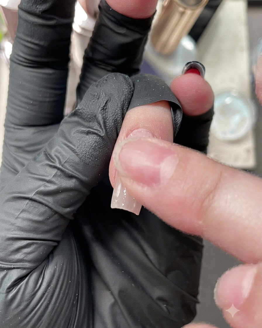 Un dedo enguantado frotando polvo aurora mezclado sobre la superficie esmaltada de una uña.