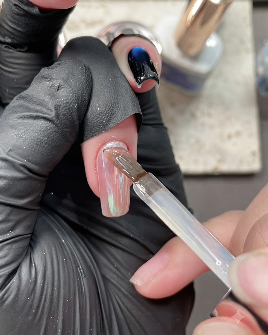 Un pincel aplicando un gel base transparente y ligeramente morado sobre una uña con acabado cromado.