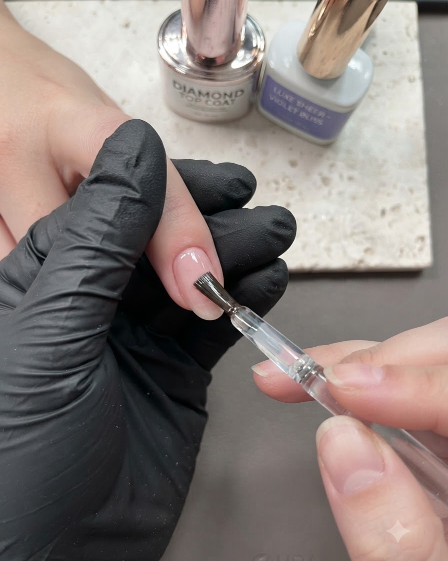 Un pincel aplicando un top coat brillante sobre la superficie de una uña con manicura.