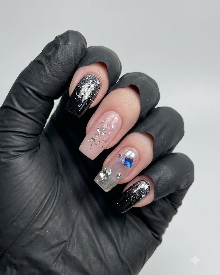 Una mano mostrando uñas decoradas con puntas en degradado de purpurina negra, una uña nude con escamas plateadas y una uña acentuada con estrellas y pedrería.