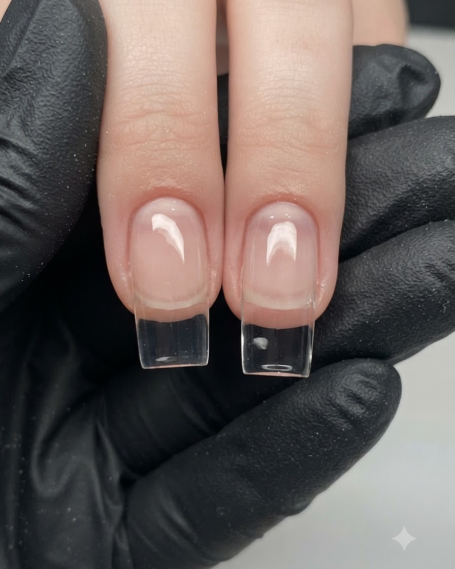 Dos formas de uñas esculpidas limpias curándose bajo el entorno de iluminación de un estudio.