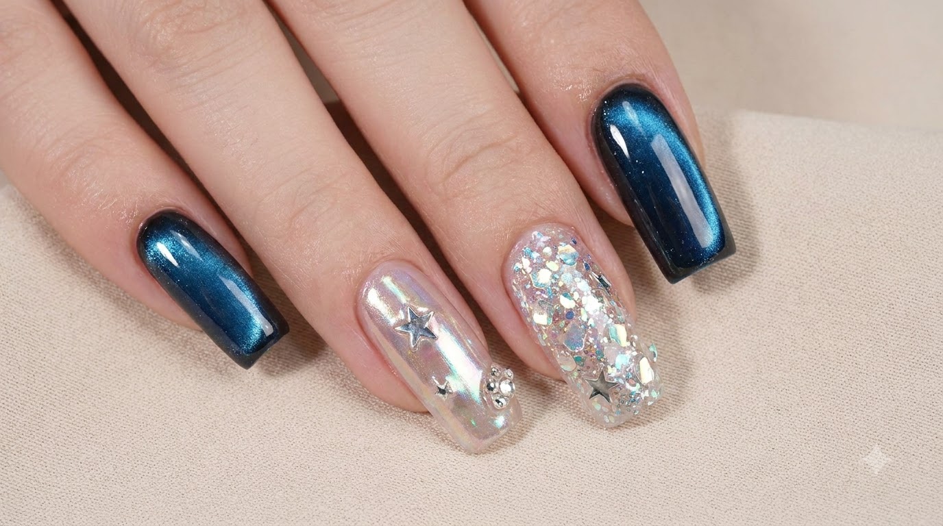 Uñas Ojo de Gato Azul Profundo y Polvo Aurora — Tutorial Paso a Paso