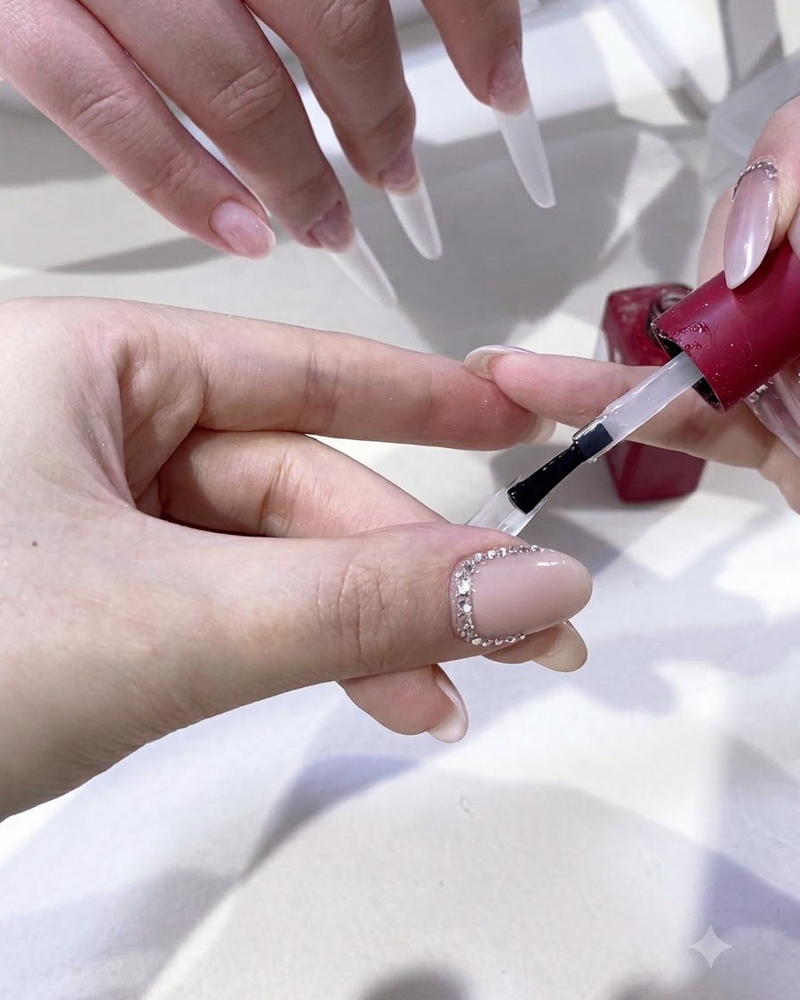 Un pincel aplicando gel base transparente sobre la superficie de una uña extendida.