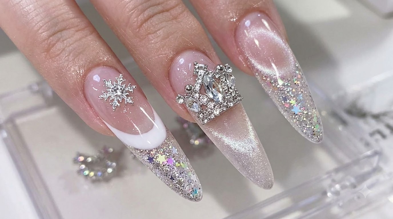 Tutorial de Uñas Postizas Largas con Efecto Ojo de Gato, Punta Francesa y Polvo de Diamante