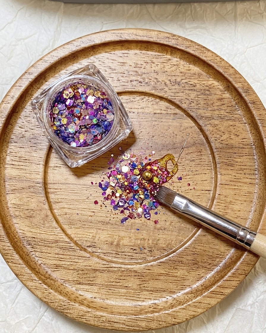 Un tarro de purpurina junto a una paleta donde un pincel mezcla destellos en el gel.