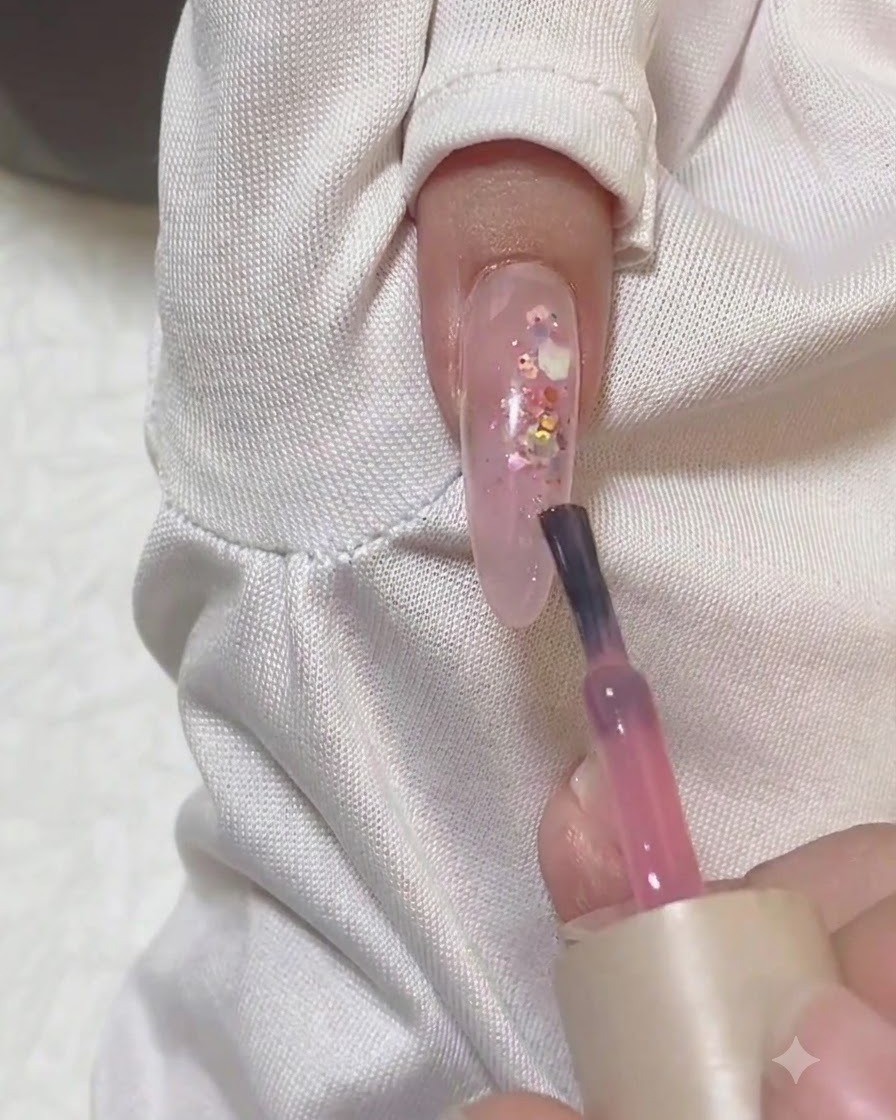 Un pincel de esmalte rosa aplicando color translúcido en la punta de una uña almendrada.