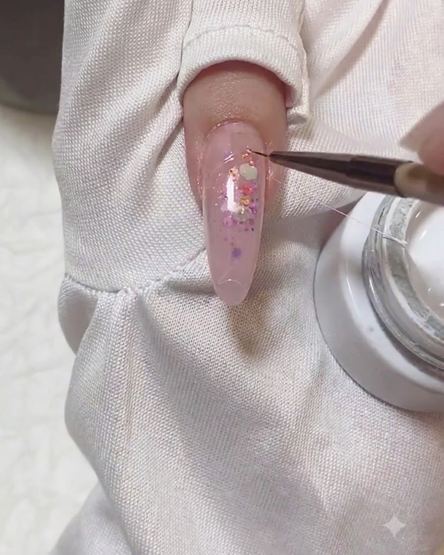 Un pincel de detalle estirando un hilo fino de spider gel blanco sobre una uña.