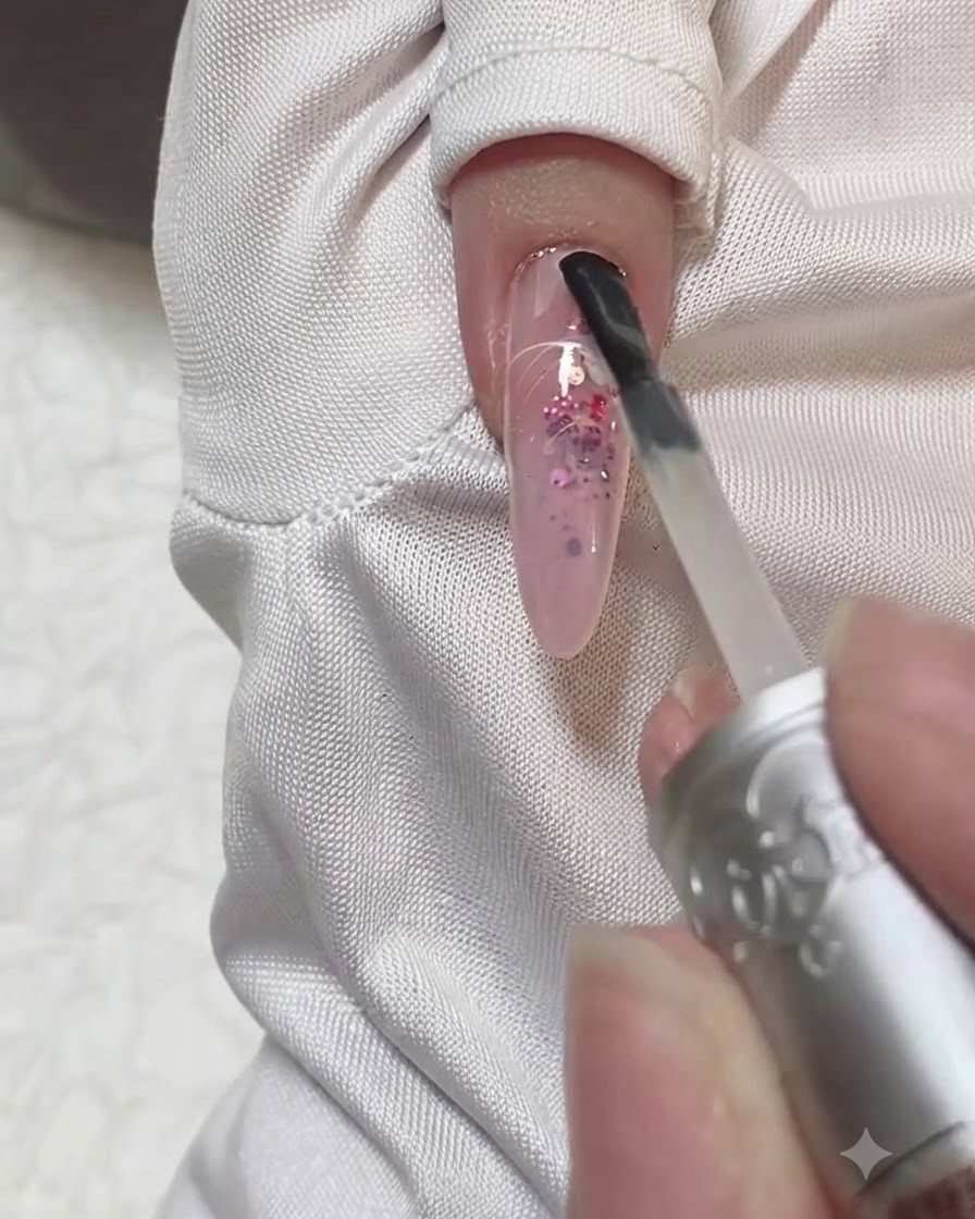 Un pincel aplicando una capa final de top coat brillante sobre uñas almendradas.