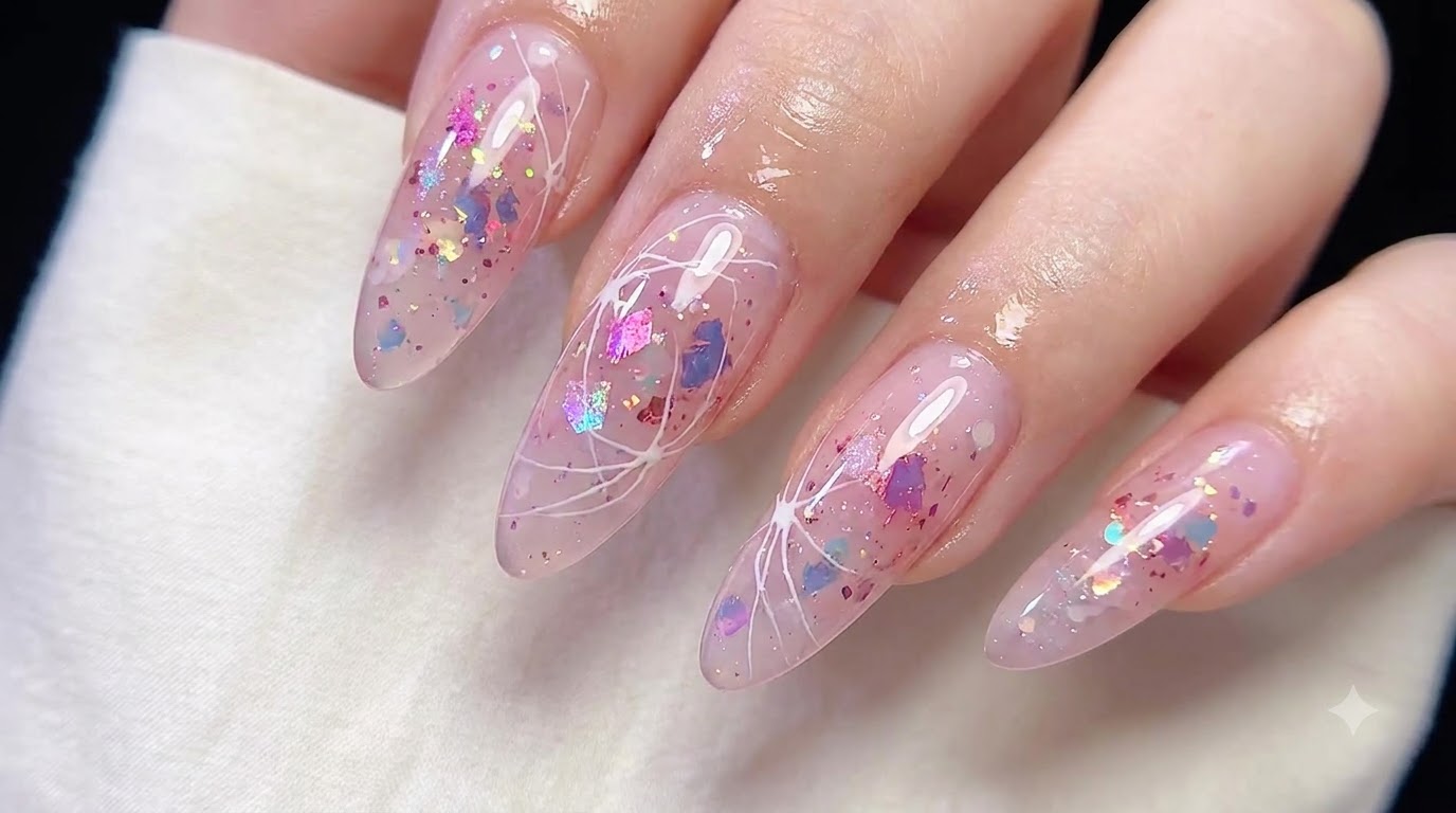 Tutorial de uñas de gel rosa translúcido con purpurina y efecto ópalo