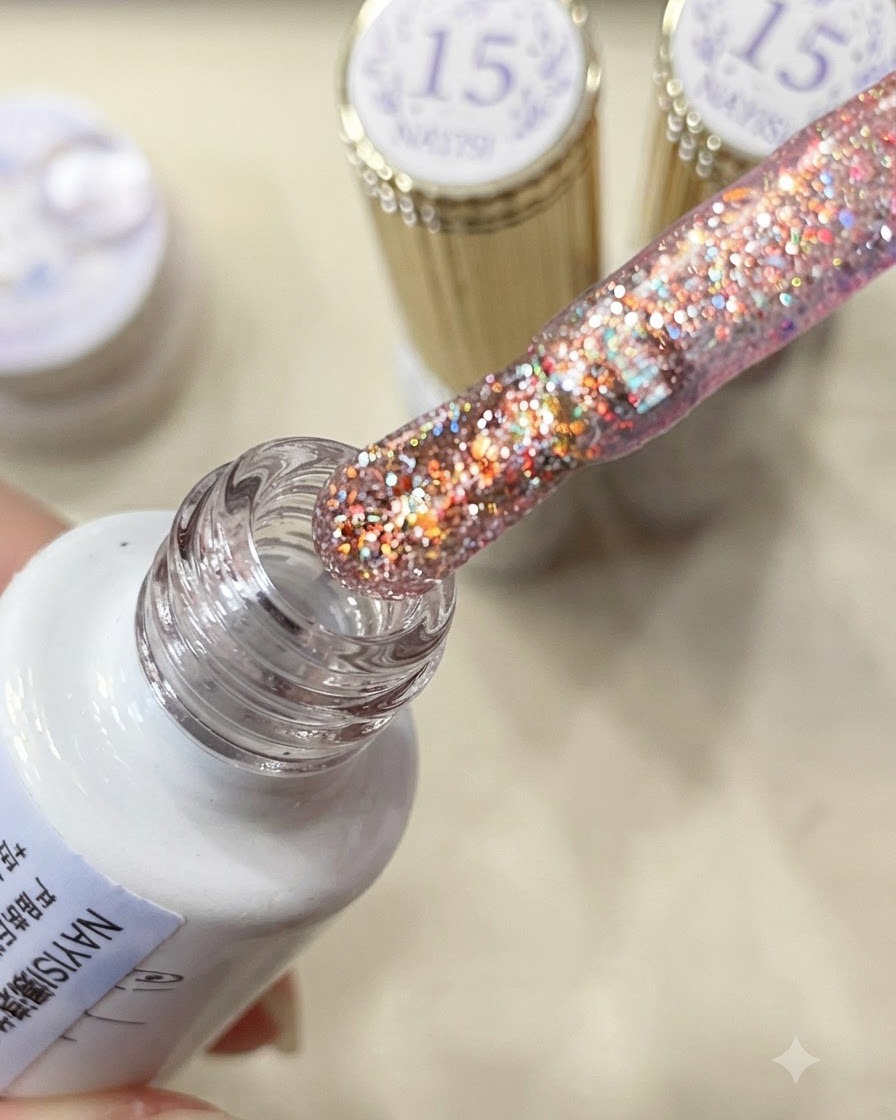 Un pincel de esmalte cargado con purpurina de diamante triturado en tonos rosa y morado extraída de un frasco.