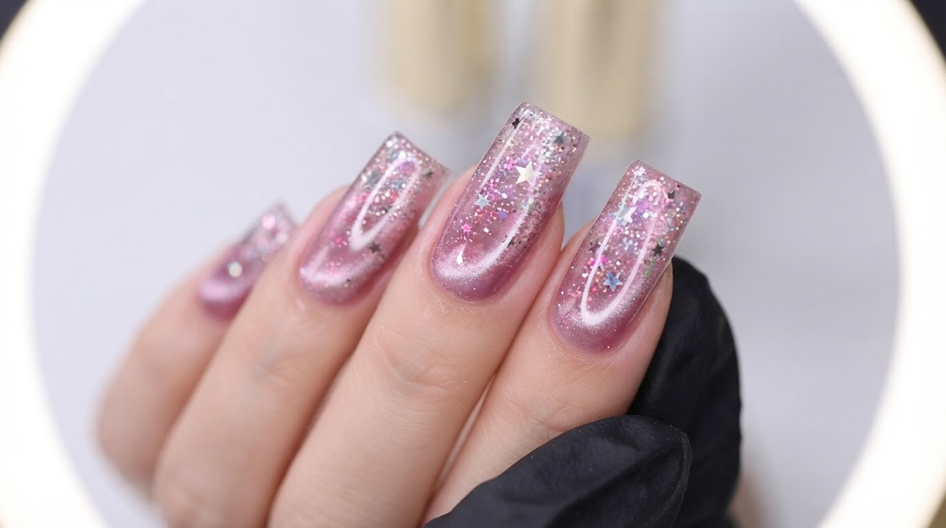 Uñas de Galaxia con Cat Eye Brillante y Estrellas — Tutorial Paso a Paso