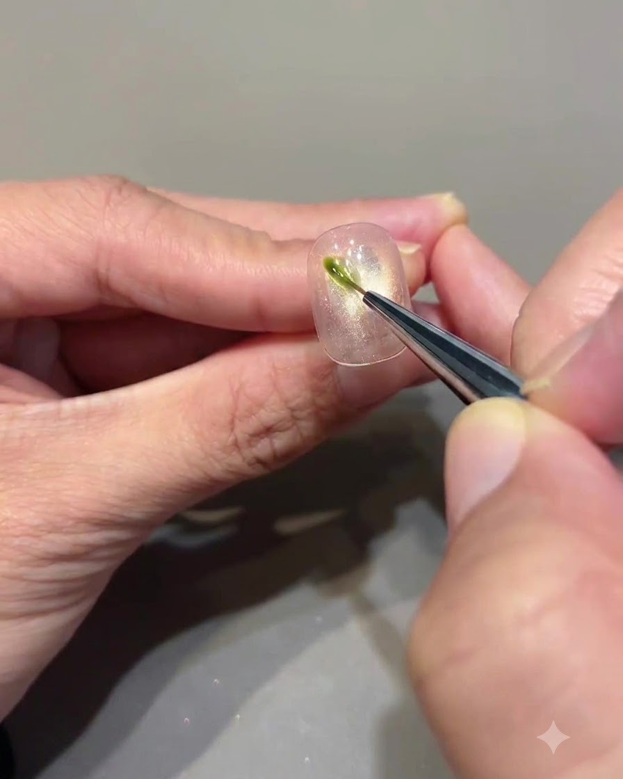 Un pincel delineador fino aplicando un pequeño trazo vertical de gel verde aguacate sobre una uña ojo de gato.