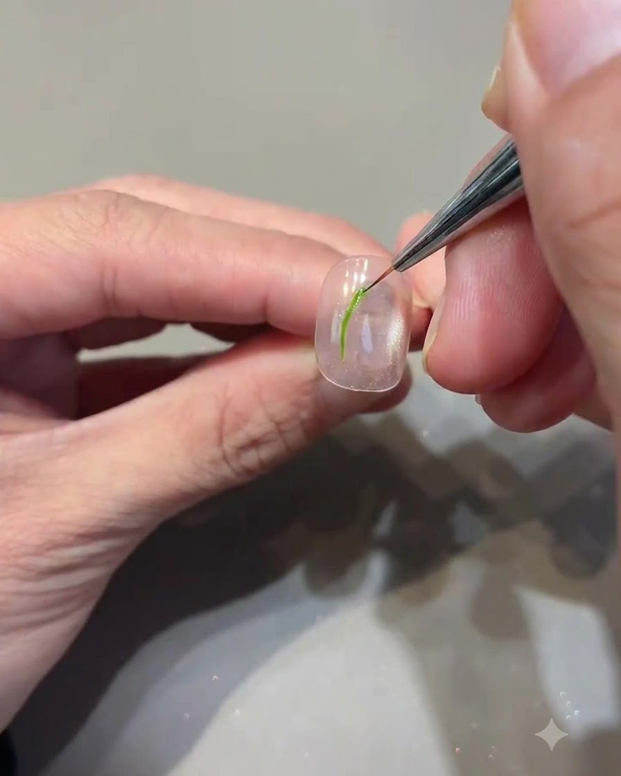 Un pincel delineador fino dibujando detalles de hojas en la parte superior de una uña usando gel verde aguacate.