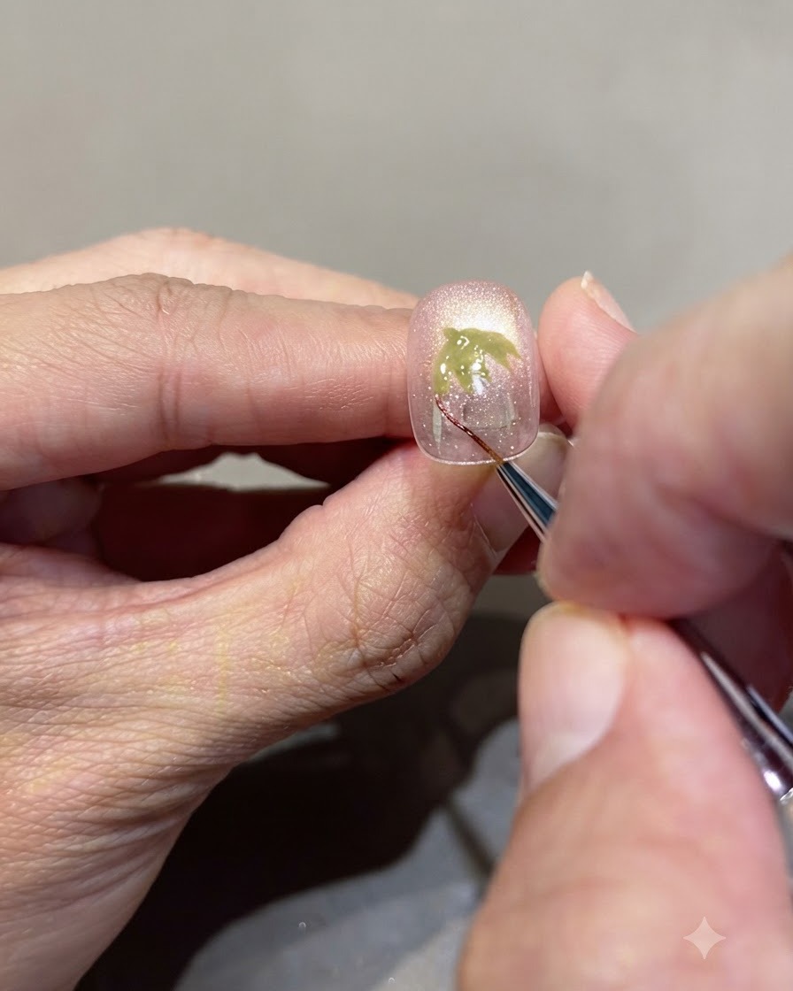 Un pincel fino para nail art aplicando gel de vidrio rojo para trazar el contorno redondeado de una fresa sobre una base nude rosada.