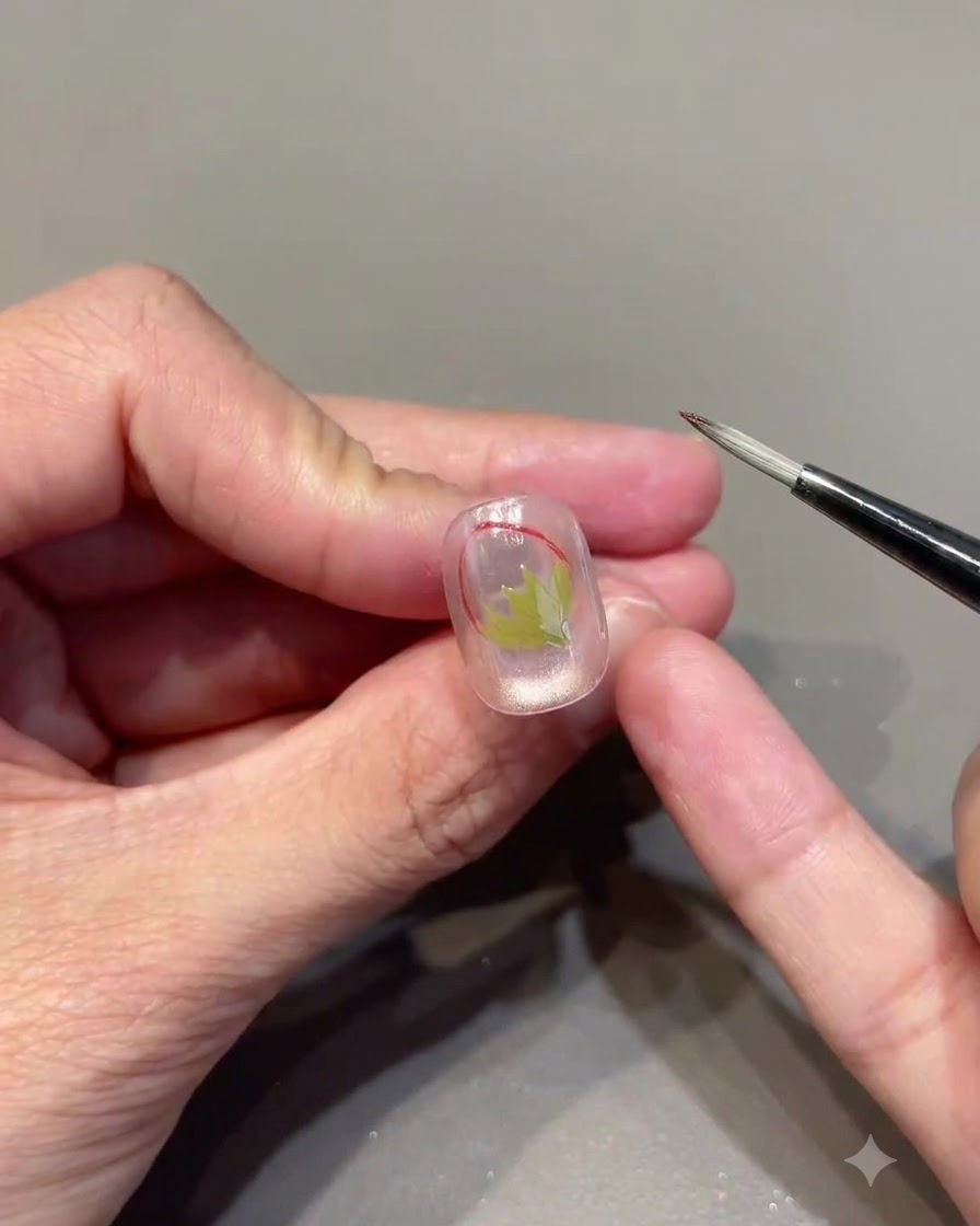 Un pincel multiusos aplicando a pequeños toques gel de vidrio rojo en la porción superior del contorno de una fresa.