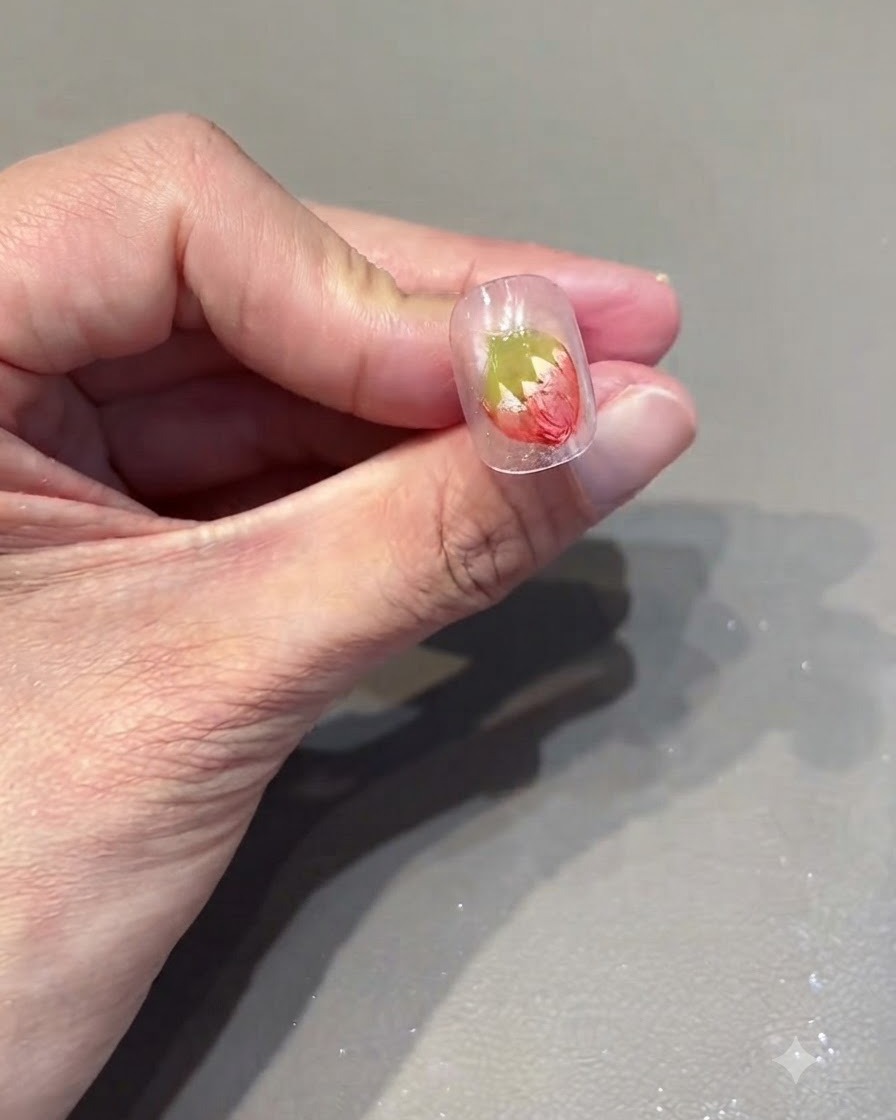 Un primer plano de una uña que muestra un diseño de fresa roja con pequeños puntos blancos pintados sobre ella.