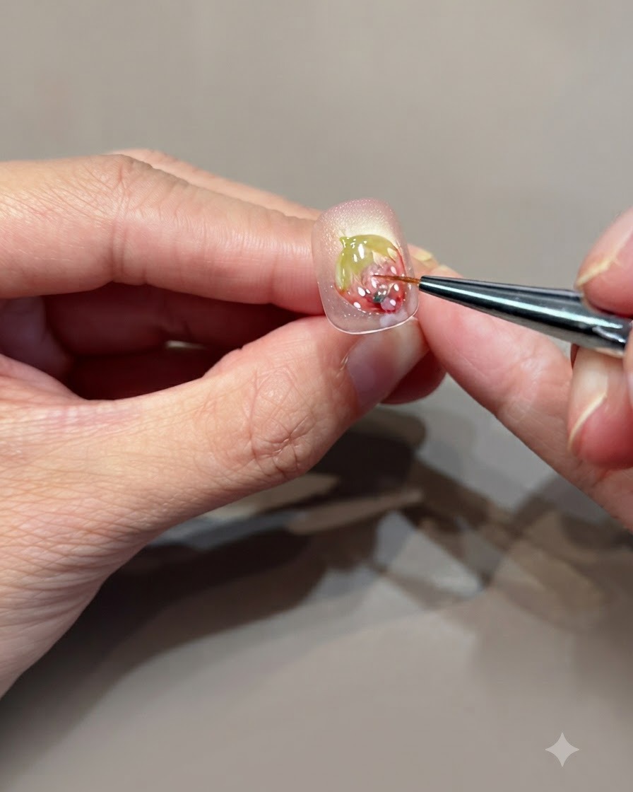 Un pincel fino aplicando gel duro transparente sobre un diseño de nail art de fresa para crear volumen 3D.