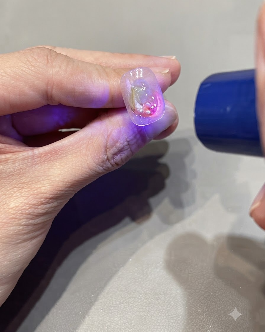 Una luz UV curando pequeños detalles dimensionales de gotas de agua en una uña decorada.