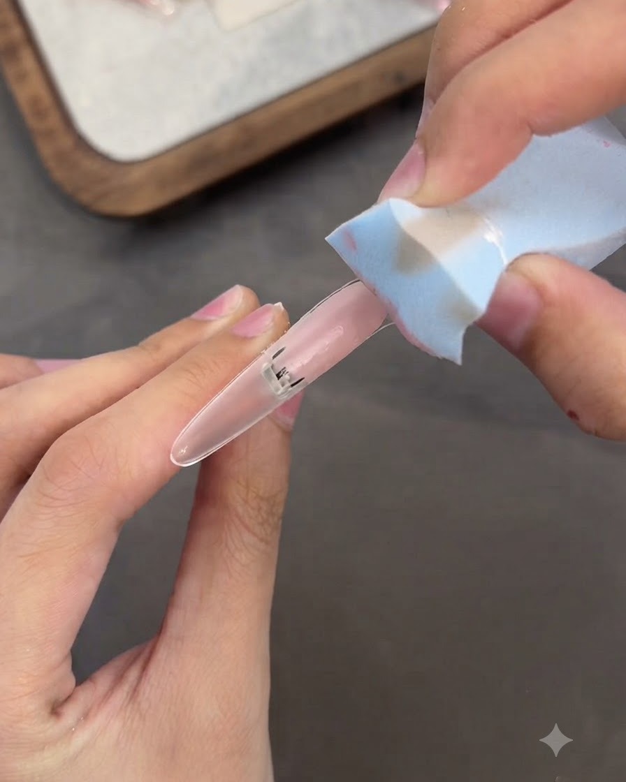 Primer plano de unas manos usando una pequeña esponja para dar toques de gel rosa sobre un tip de extensión de uña.