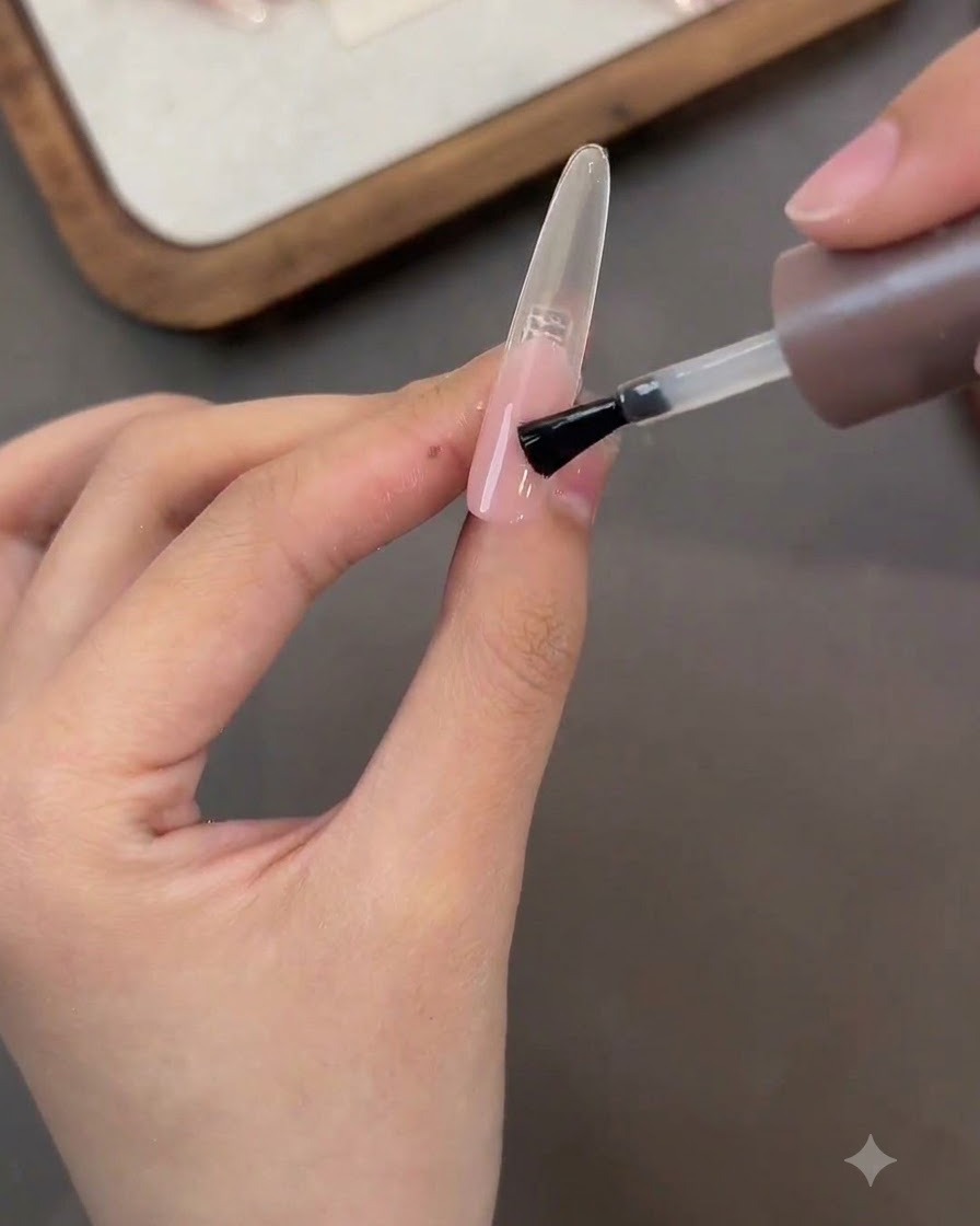 Un pincel de esmalte aplicando una capa de top coat mate sobre una uña postiza con degradado rosa.