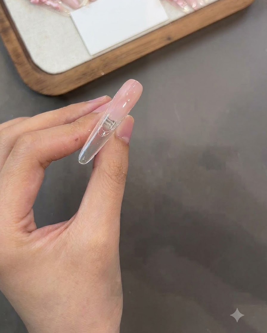 Una mano sosteniendo una uña postiza boca abajo mientras aplica gel base en la superficie trasera.