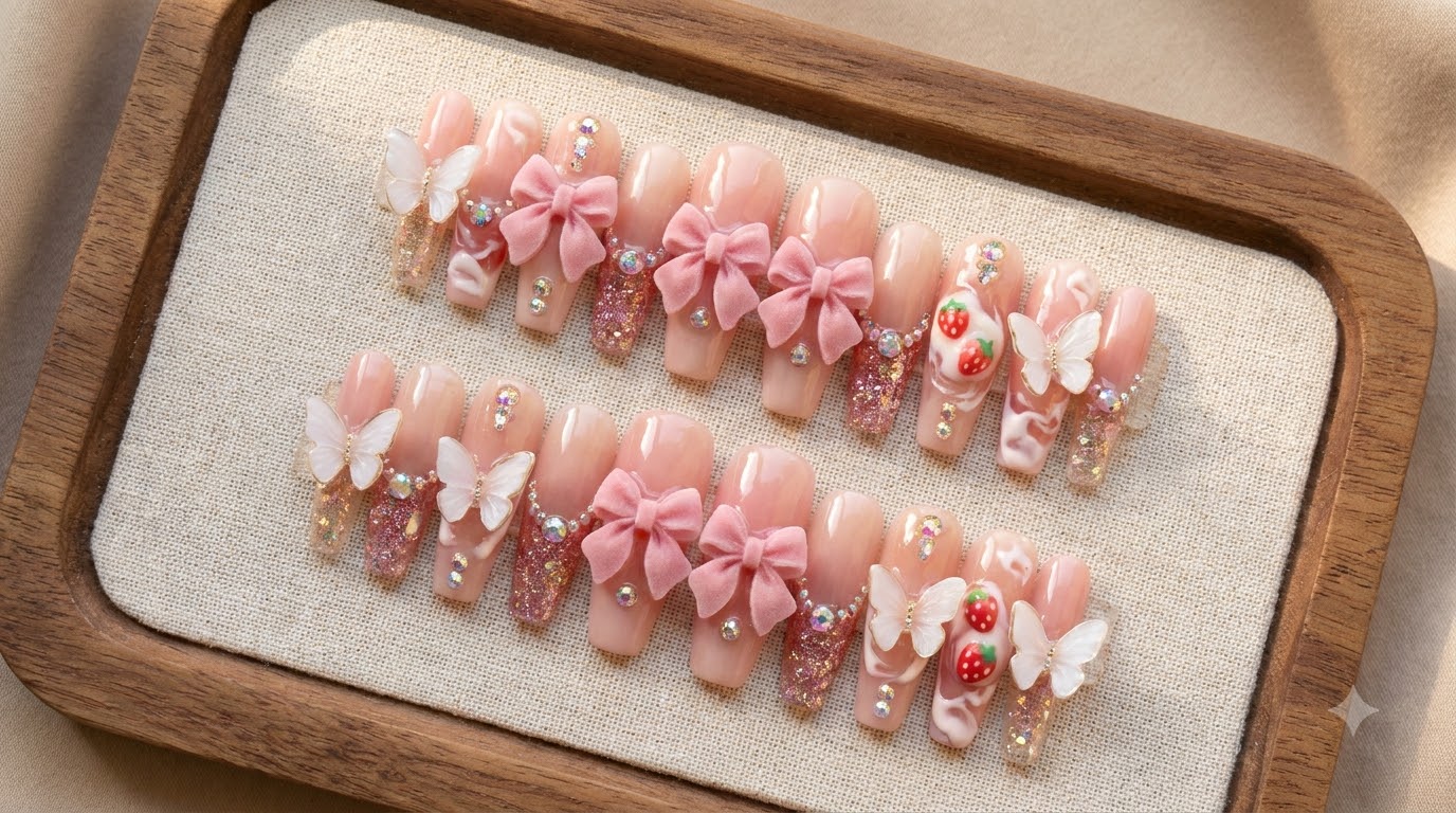 Uñas Press-On Panna Cotta de Fresa — Tutorial de Lazos 3D y Mariposas
