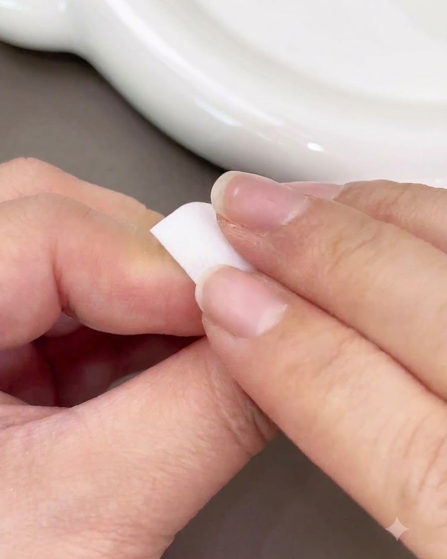 Una mano sosteniendo un pincel pequeño aplicando una gota de gel rosa en el centro de una uña.