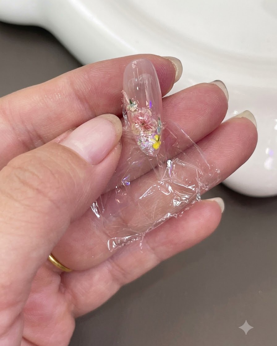 Una mano sosteniendo un trozo de plástico film transparente presionado firmemente sobre la uña decorada.