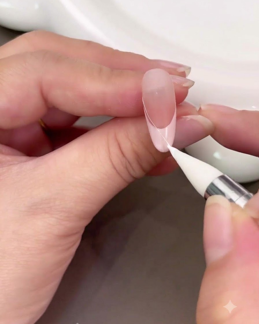 Una herramienta de detalle aplicando un arco fino de gel de filamento blanco a lo largo del borde de una manicura francesa.