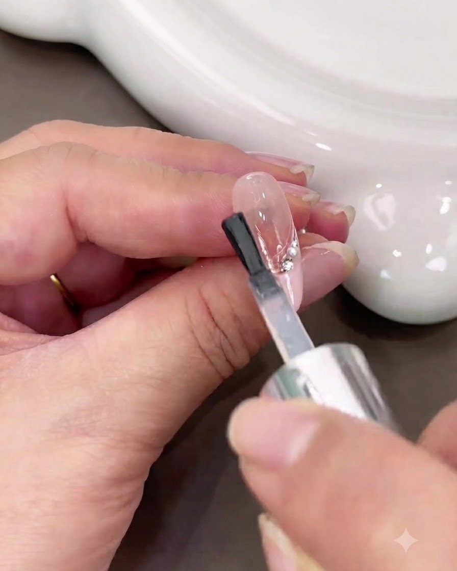 Un pincel aplicando un top coat brillante transparente sobre un diseño de uña francesa terminado y adornado con perlas y pedrería.