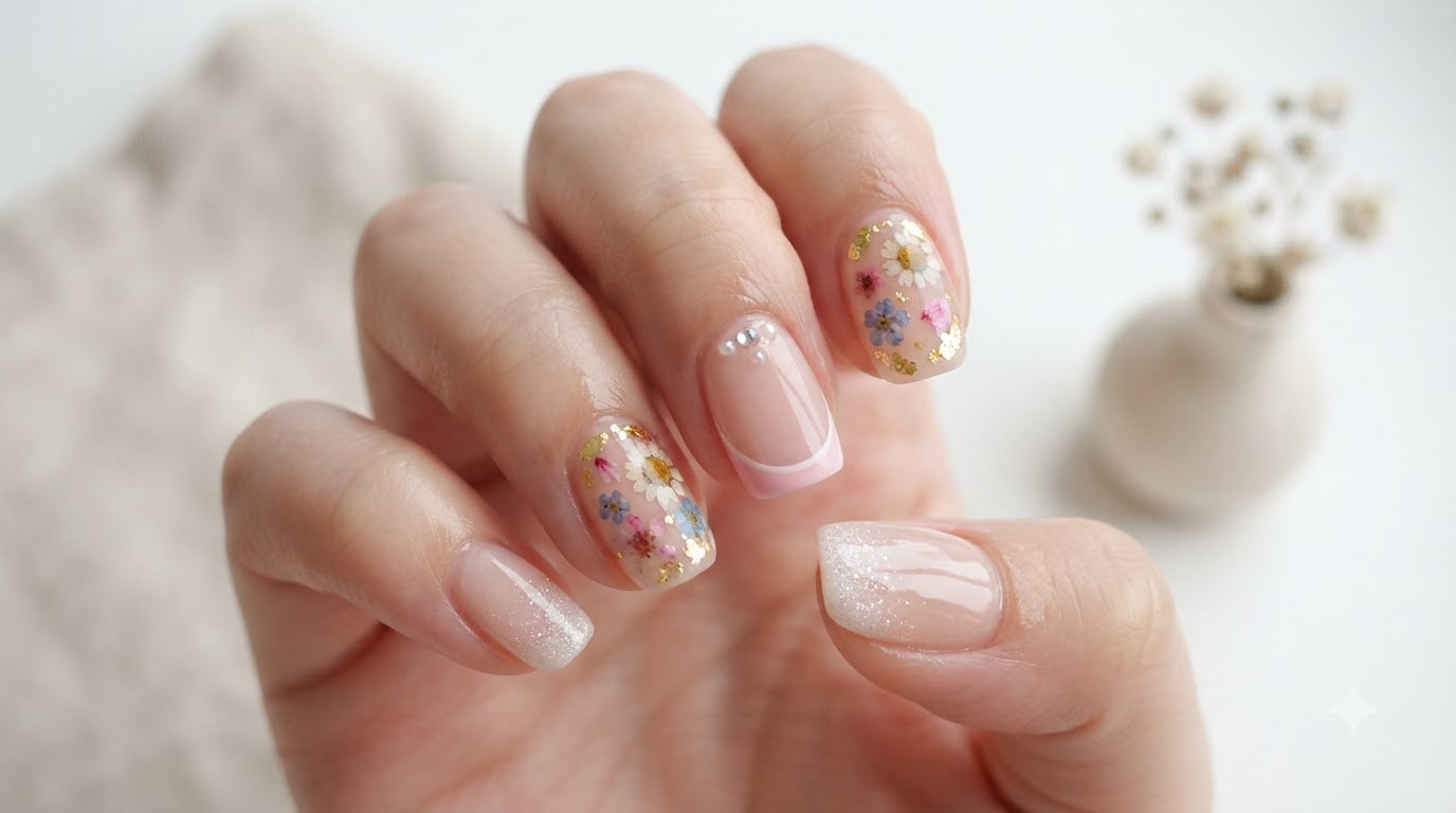Uñas de gel primavera con efecto blush y flores secas: Tutorial paso a paso