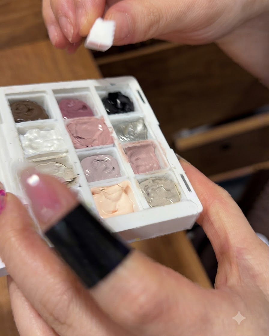 Primer plano de una esponja recogiendo gel rosa claro de una paleta de múltiples colores.