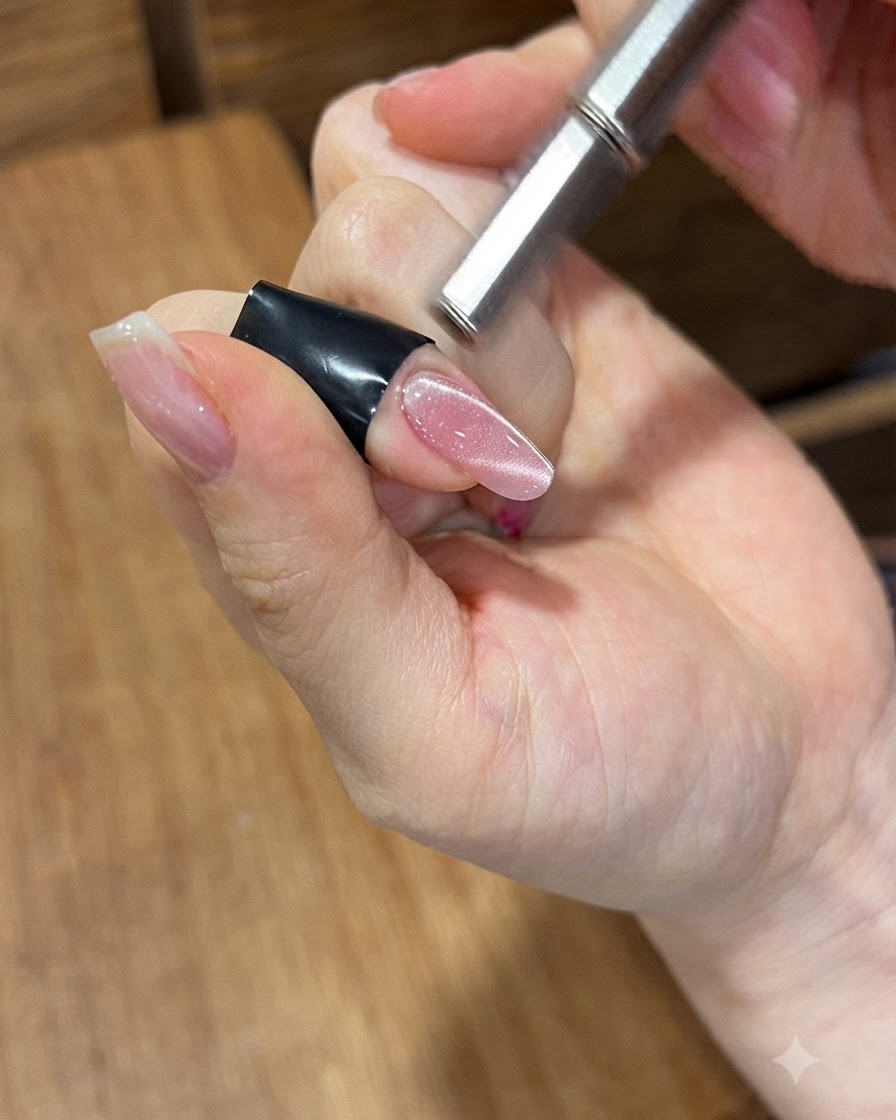 Imán cilíndrico sostenido cerca de una uña con gel ojo de gato rosa para concentrar el brillo magnético.