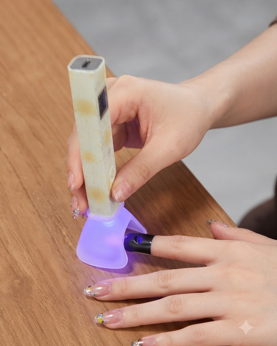 Pincel fino de nail art aplicando una pequeña gota de gel transparente en la punta de un dedo.