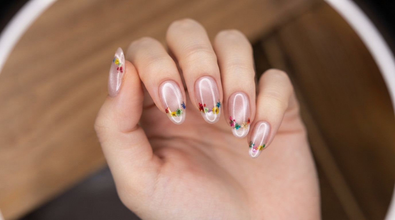 Uñas Francesas con Flores Secas y Ojo de Gato Magnético — Tutorial Paso a Paso