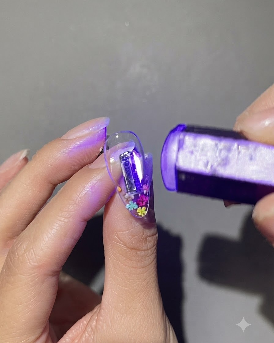 Una lámpara UV/LED portátil de color violeta realizando un curado flash en una uña transparente decorada con pequeñas flores secas coloridas.