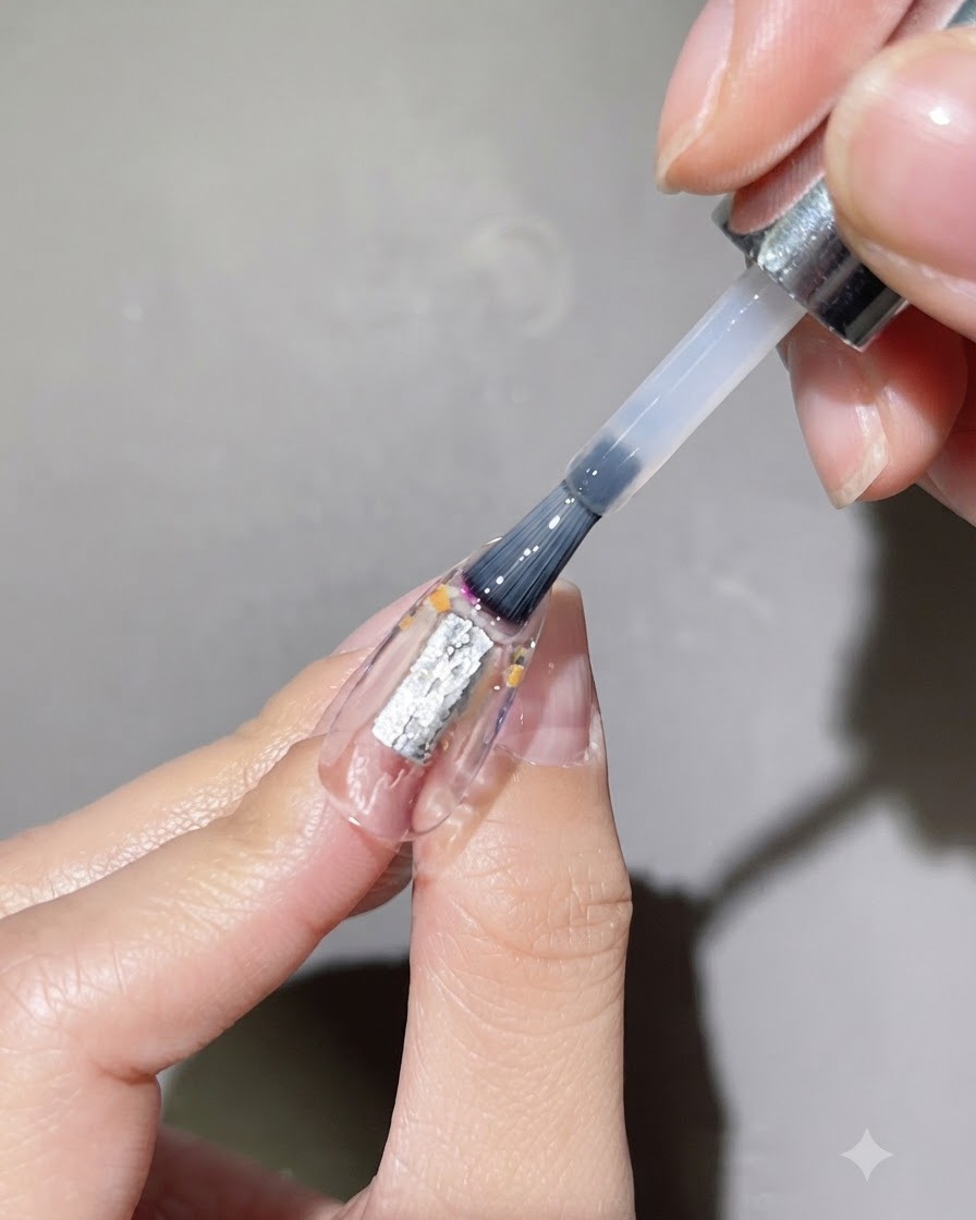Un pincel aplicando una capa gruesa de gel nivelador transparente sobre una uña decorada con flores secas incrustadas.