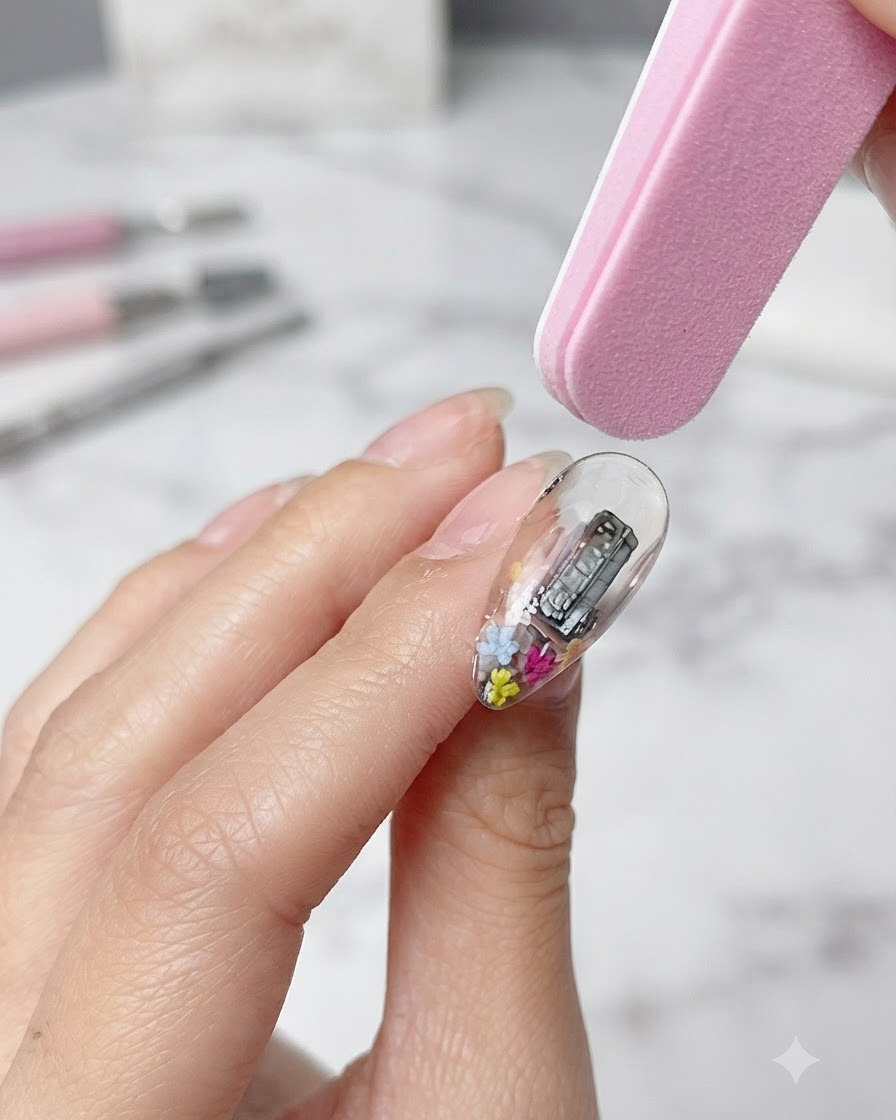 Una lima de esponja rosa para uñas puliendo suavemente la superficie transparente de una uña de gel para suavizar las imperfecciones.