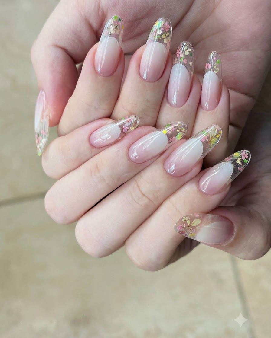 Un pincel aplicando una capa de esmalte de gel nude sobre una placa de uña natural preparada.