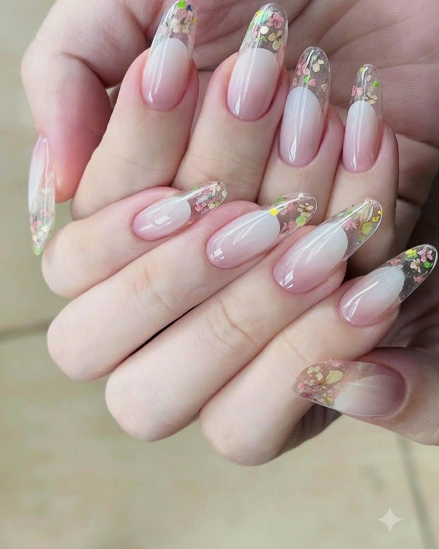 Una manicurista reaplicando esmalte nude sobre la capa anterior para profundizar el difuminado del degradado.
