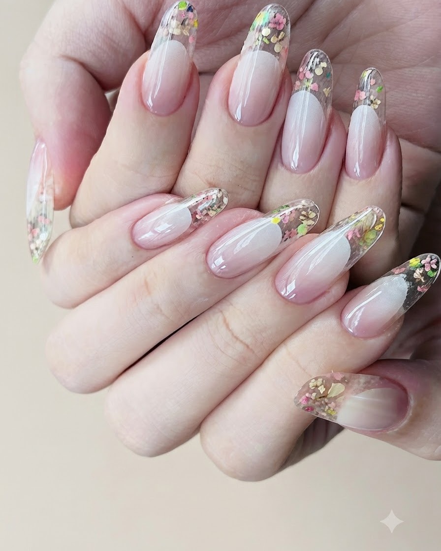 Un pincel de uñas aplicando un top coat brillante en toda la superficie superior y debajo de la punta de extensión transparente de una uña terminada.